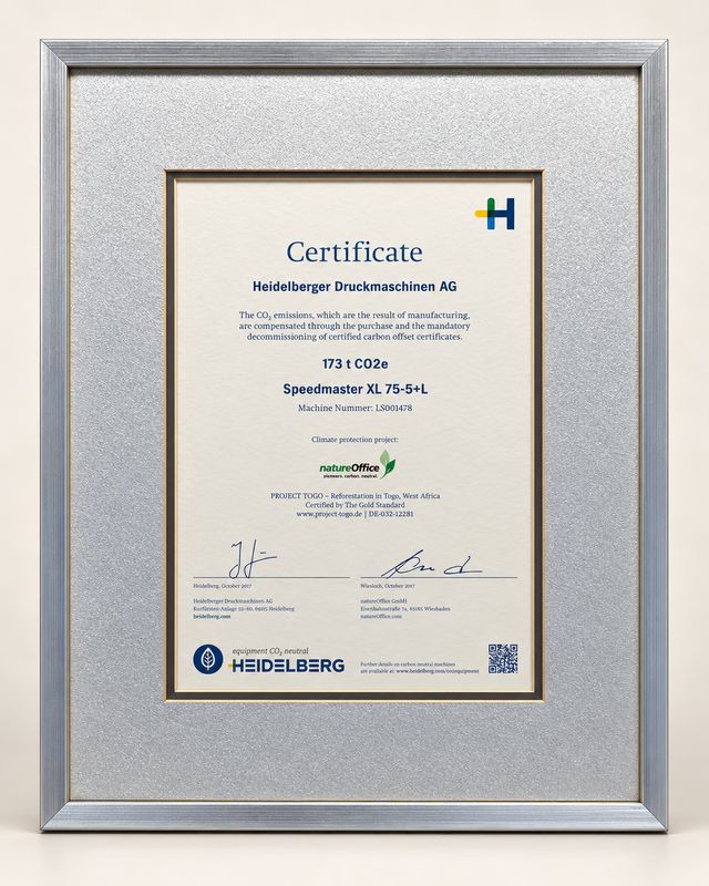 Heidelberg certificate for a CO2-neutral Speedmaster XL 75-5+L press